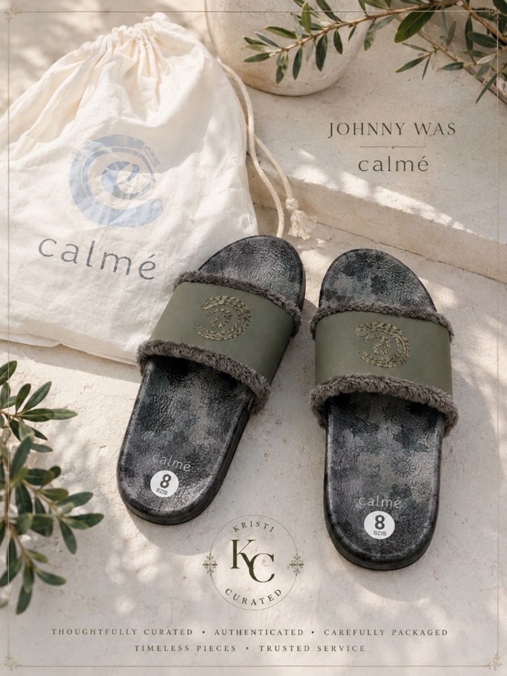 Johnny Was Calmé Celestial Space Camo Slide Sandals Olive Green Size 8 New